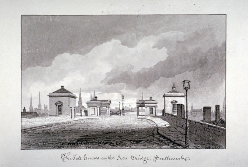 Toll houses on Southwark Bridge, London, 1827. Artist: John Chessell Buckler