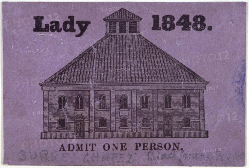 A ticket of admission for a lady to Surrey Chapel, Blackfriars Road, Southwark, London, 1848. Artist: Anon