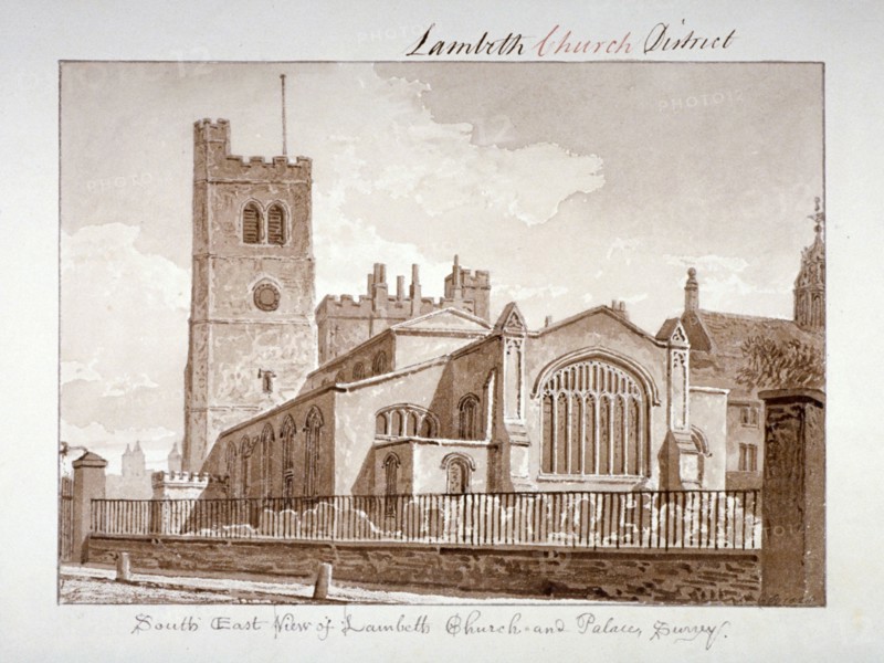 South-east view of the Church of St Mary, Lambeth, London, 1828. Artist: John Chessell Buckler