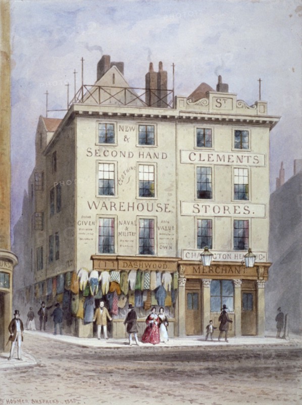Clement's Stores at the junction of Holywell Street and Wych Street, Westminster, London, 1855. Artist: Thomas Hosmer Shepherd
