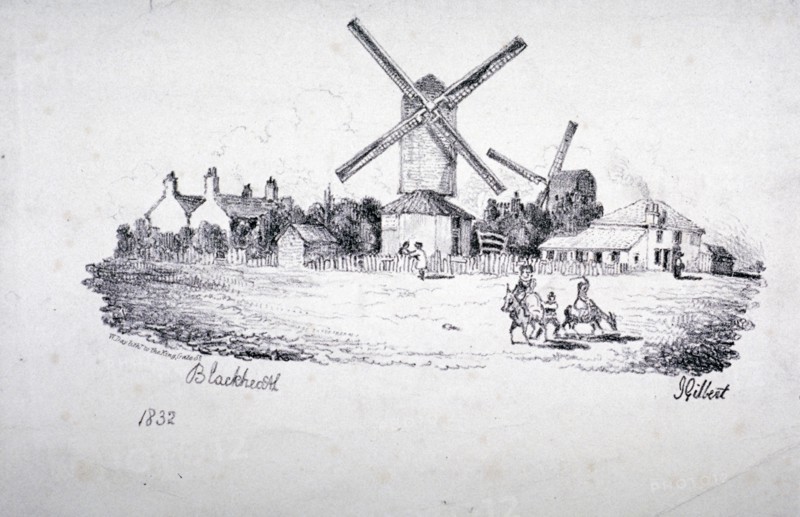 View of Blackheath, showing windmills and buildings, Greenwich, London, 1832. Artist: William Day