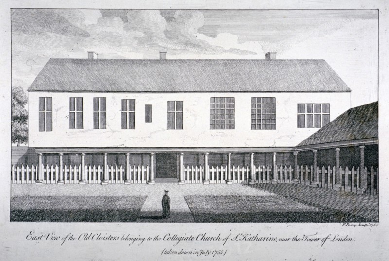 East view of the old cloisters at the Church of St Katherine by the Tower, Stepney, London, 1764. Artist: F Perry
