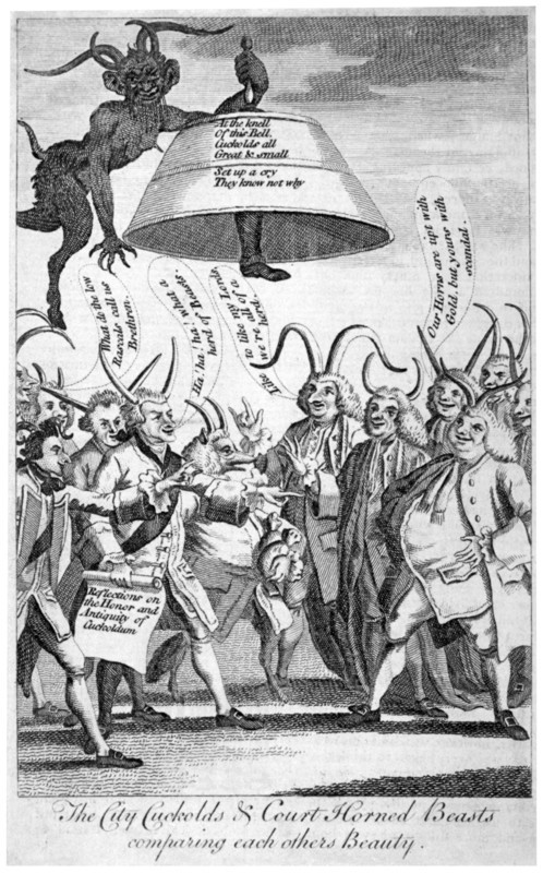 'The City cuckolds & Court horned beasts comparing each other's beauty', 1770. Artist: Anon