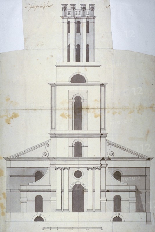 Front elevation of the Church of St George in the East, Stepney, London, 1800. Artist: Anon