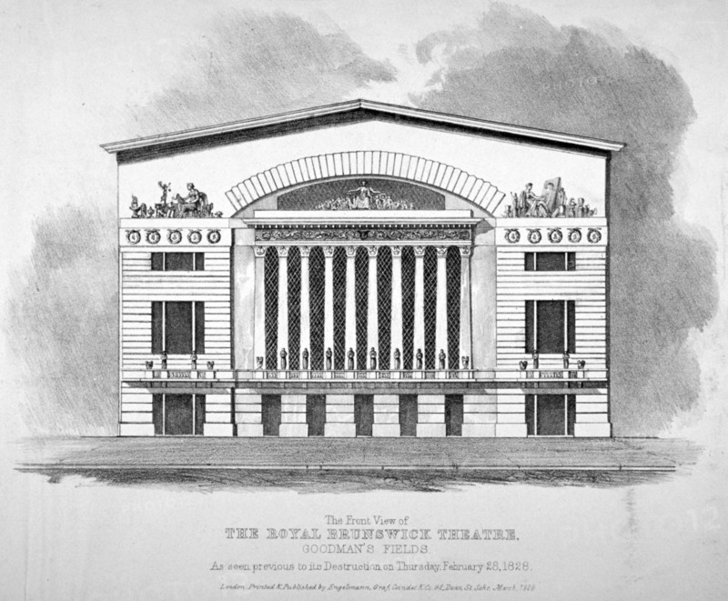 Front view of the Royal Brunswick Theatre, Goodman's Fields, Stepney, London, 1828. Artist: Anon