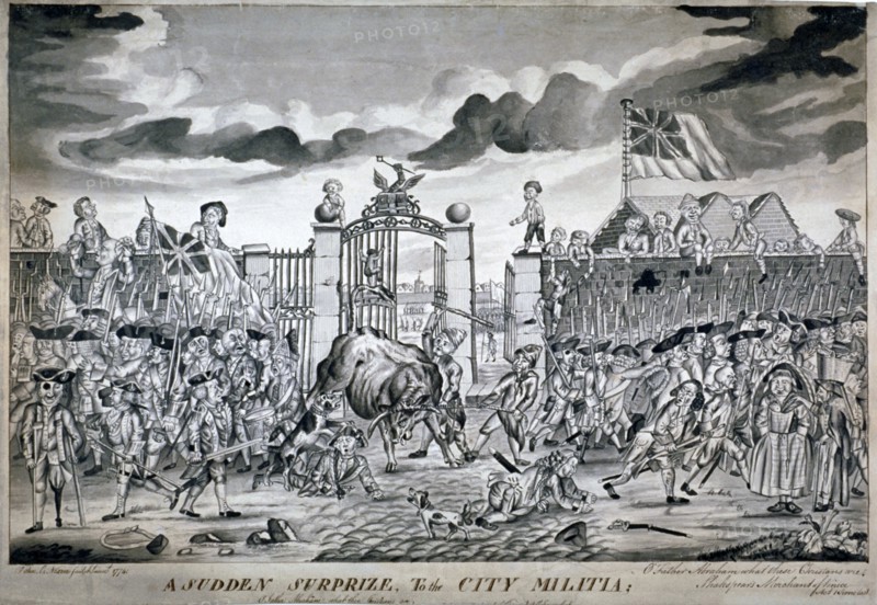 'A sudden surprize to the City Militia ...', 1774. Artist: John Nixon
