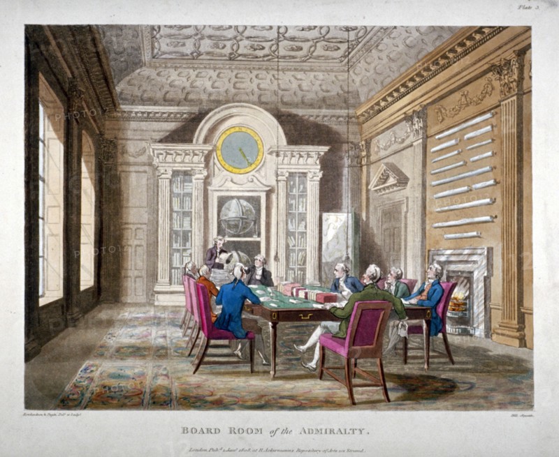 Boardroom of the Admiralty with a meeting in progress, Whitehall, Westminster, London, 1808. Artist: Augustus Charles Pugin