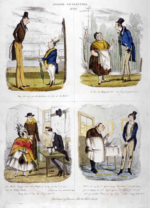 Four views of London characters, 1835. Artist: Anon