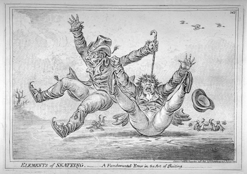 'Elements of Skateing. Making the most of a passing friend, in a case of emergency!', 1805. Artist: James Gillray