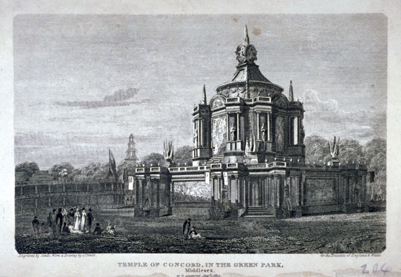 Temple of Concord, Green Park, Westminster, London, 1814. Artist: Robert Sands