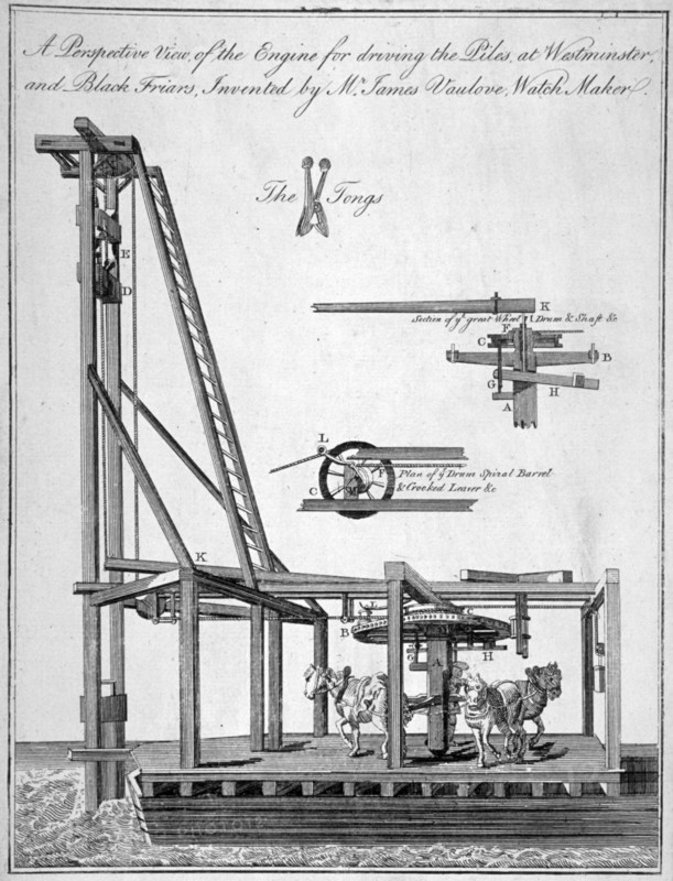 Perspective view of the engine used for driving the piles of Westminster Bridge, London, c1765. Artist: Anon