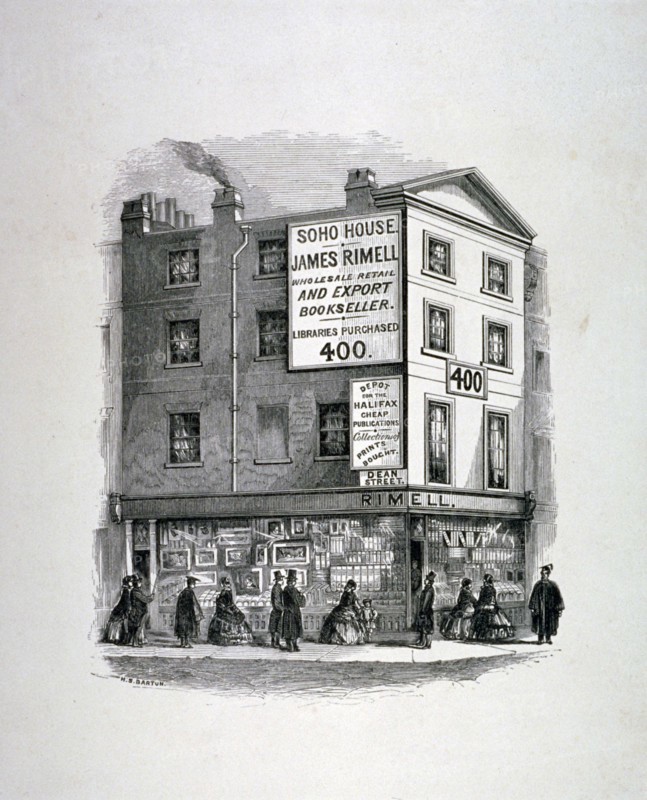 James Rimell's bookshop, Soho House, corner of Dean Street and Oxford Street, London, c1860. Artist: Anon
