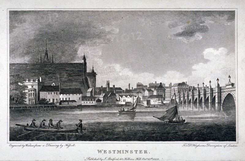 View of the River Thames, Westminster Bridge and the Palace of Westminster, London, 1808. Artist: AW Warren