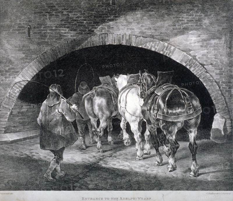 Entrance to the Adelphi wharf showing work horses and two men, Westminster, London, c1850. Artist: Charles Joseph Hullmandel