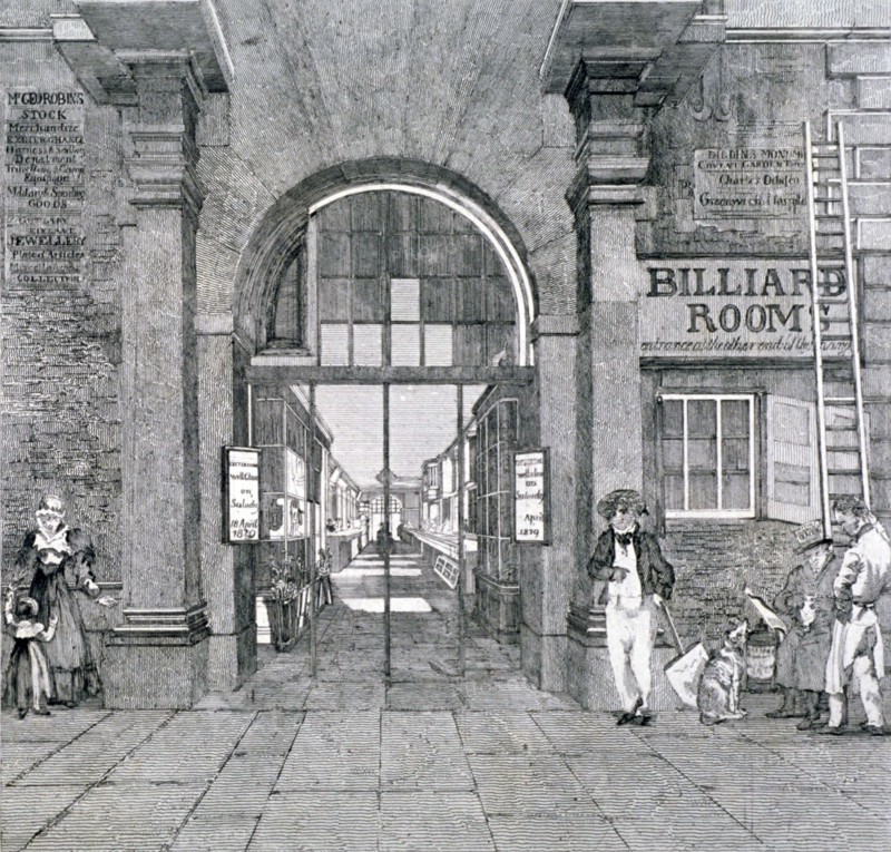 Western entrance to Exeter Change, Westminster, London, 1829 Artist: Anon