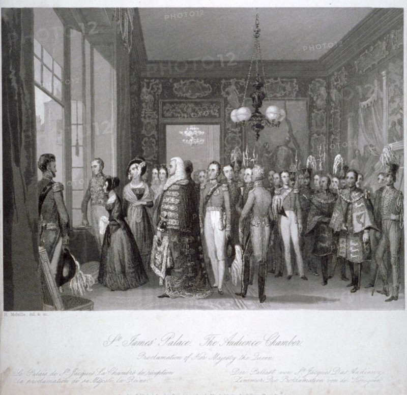 People in the the audience chamber in St James's Palace, Westminster, London, 1837. Artist: Harden Sidney Melville