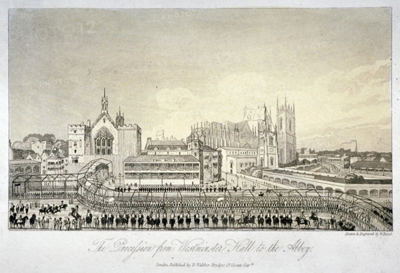 Procession outside Westminster Hall, London, 1821. Artist: W Read