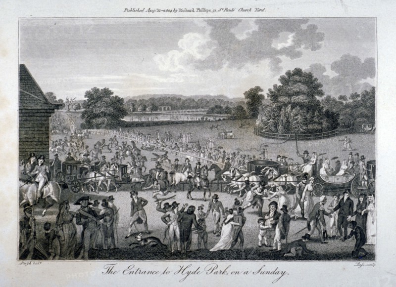 View of the crowded entrance to Hyde Park on a Sunday, London, 1804. Artist: John Pass