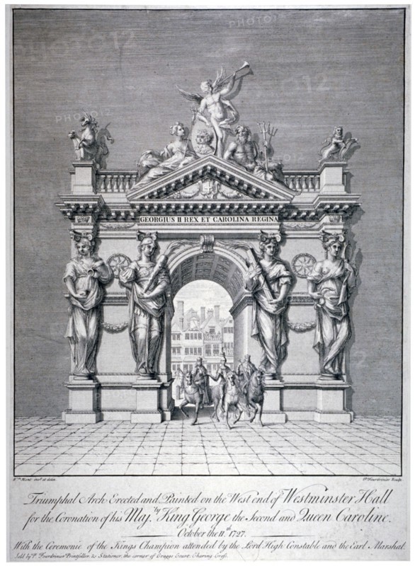 Triumphal arch on the west end of Westminster Hall, London, 1727. Artist: Pierre Fourdrinier