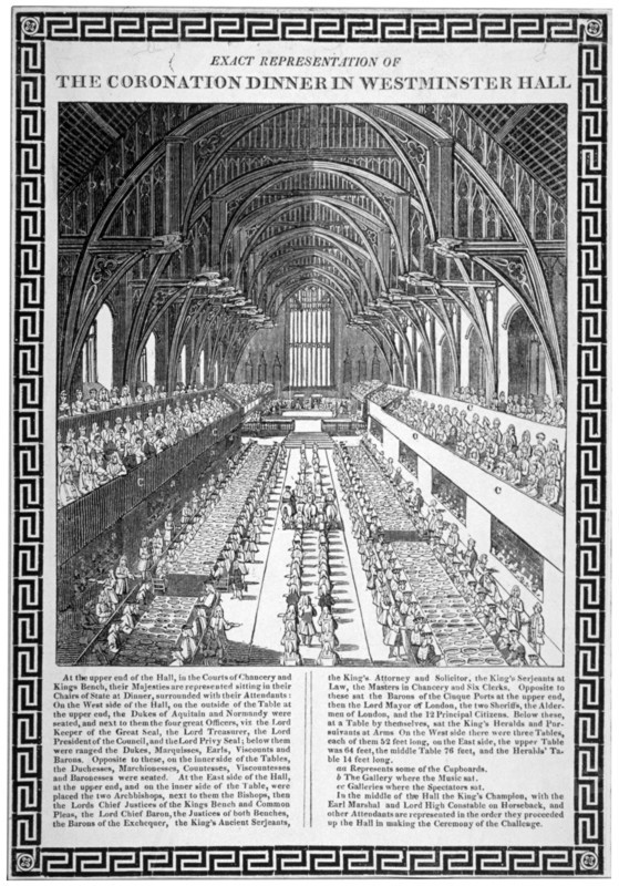 Coronation dinner held for George IV, Westminster Hall, London, 1821. Artist: Anon