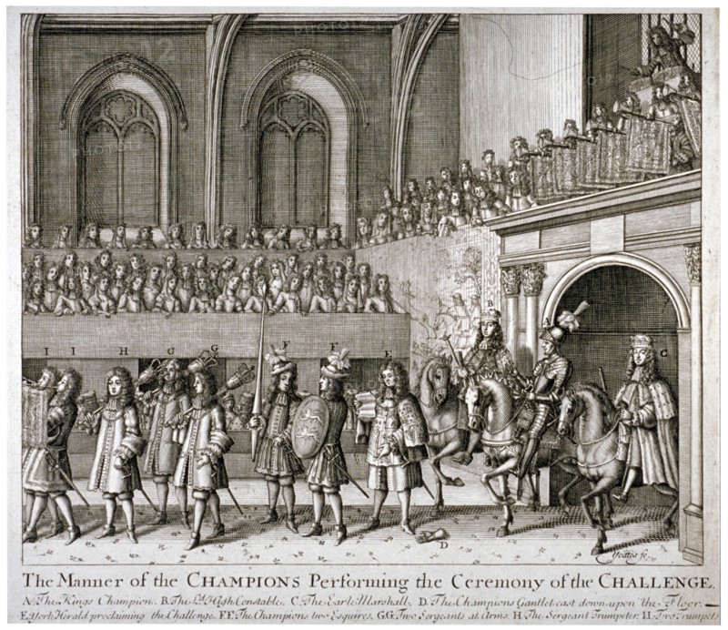 The Champions performing the ceremony of the Challenge, Westminster Hall, London, 1821. Artist: Anon