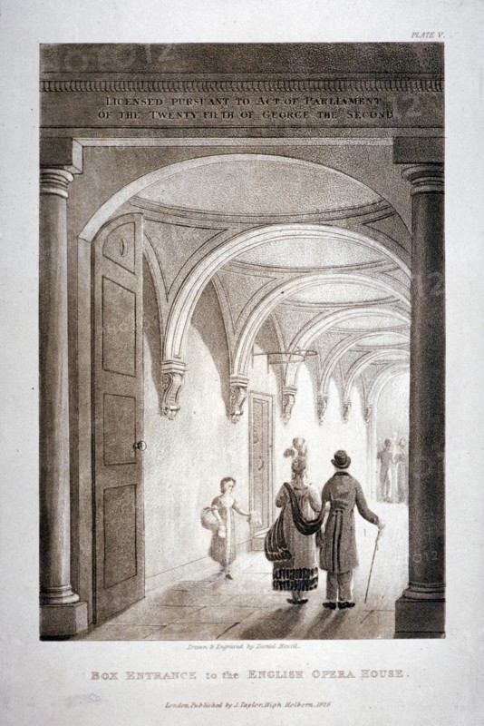 View of the box entrance in the King's Theatre, Haymarket, London, 1837. Artist: Daniel Havell