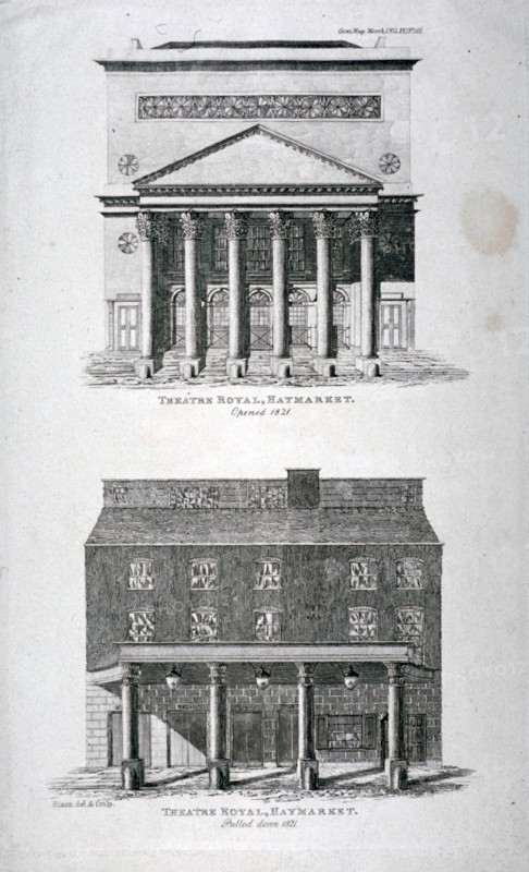The old and new Haymarket Theatres, Westminster, London, 1822. Artist: Hixon