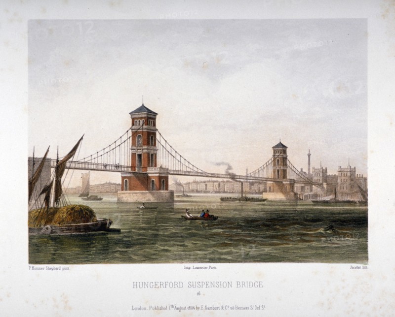 View of Hungerford Bridge from the east, London, 1854. Artist: Louis Julien Jacottet