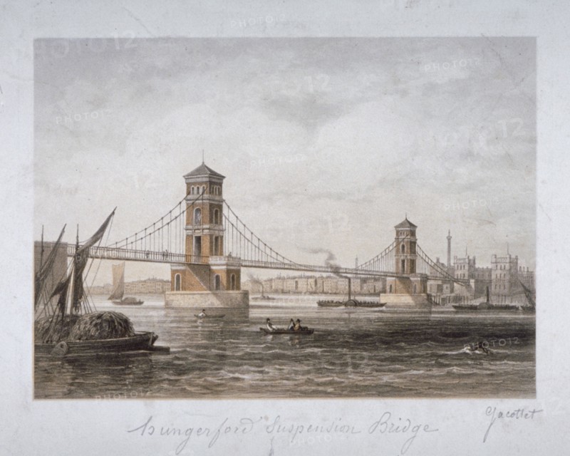 View of Hungerford Suspension Bridge and boats on the River Thames, London, 1854. Artist: Louis Julien Jacottet