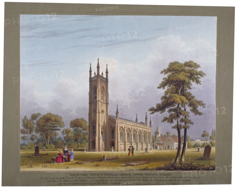 South-west view of St Nicholas Church, Tooting, London, 1832. Artist: C Rosenberg