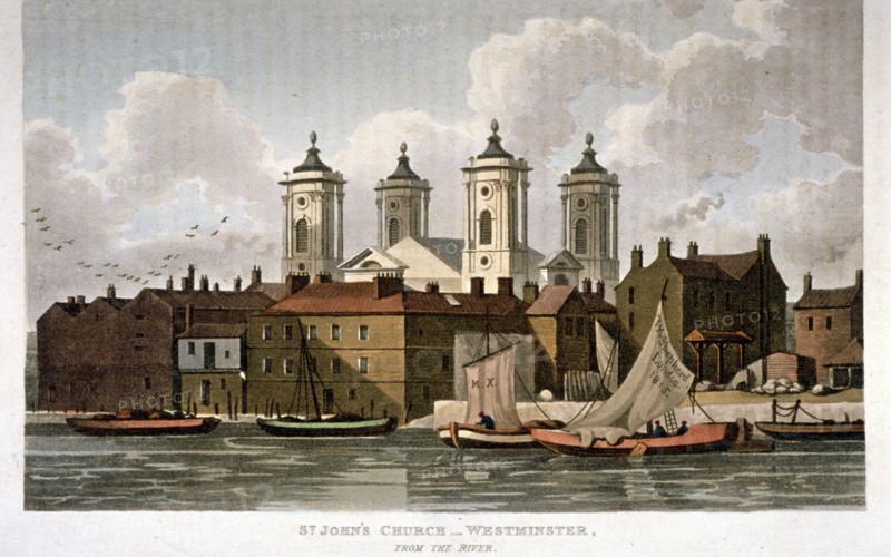 Church of St John the Evangelist from the River Thames, Westminster, London, 1815. Artist: Anon