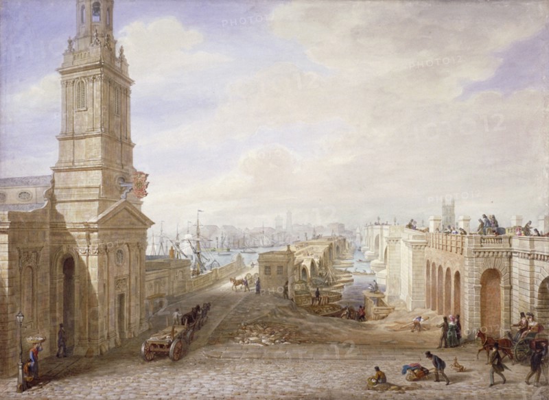 Old and new London Bridges looking south, London, 1831. Artist: George Scharf