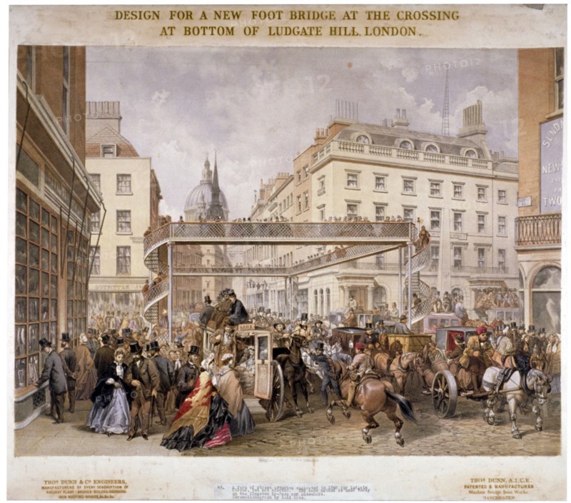 Design for a new footbridge at the crossing Ludgate Hill and Fleet Street, City of London, 1862. Artist: Kell Brothers