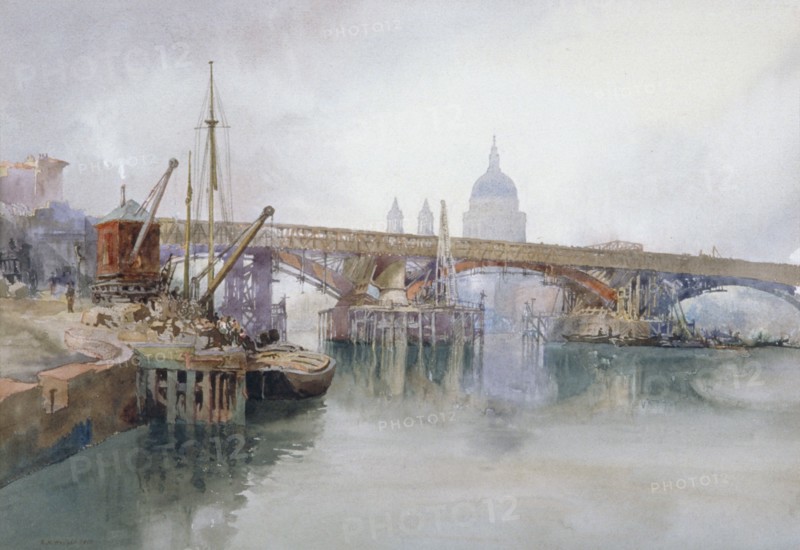 'Southwark Bridge in Course of Demolition', 1915. Artist: Richard Henry Wright