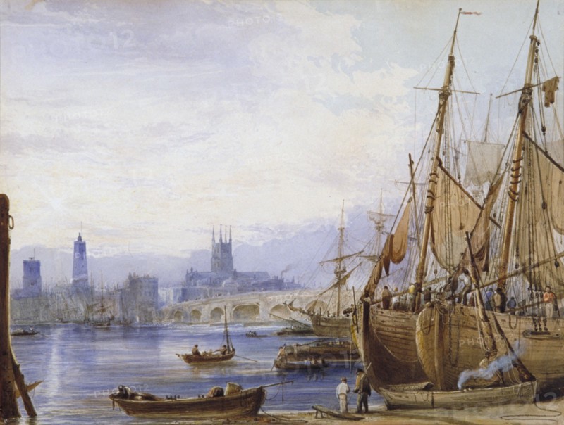 'Old London Bridge and Southwark', c1830. Artist: George B Campion