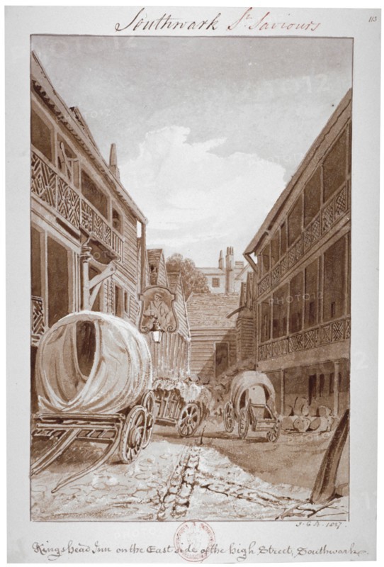 King's Head Inn on the East Side of the High Street, Southwark', London, 1827. Artist: John Chessell Buckler