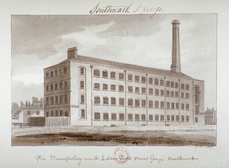 Pin manufactory near London Road, Southwark, London, 1827. Artist: John Chessell Buckler