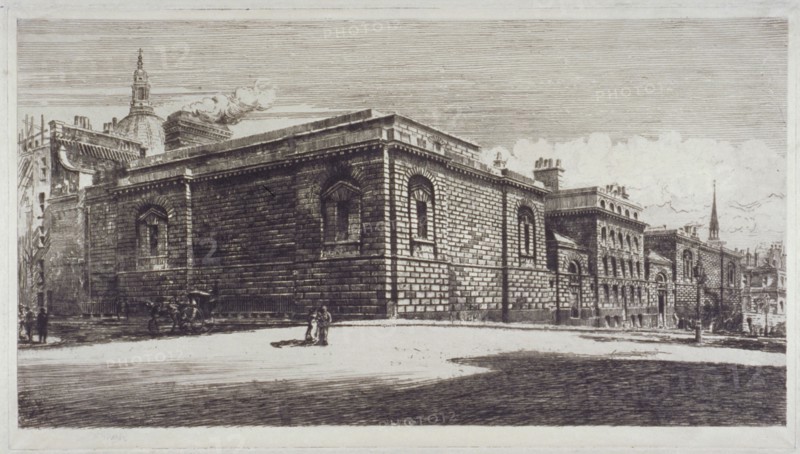 View of Newgate Prison, Old Bailey, from Newgate Street, City of London, c1900. Artist: William Monk