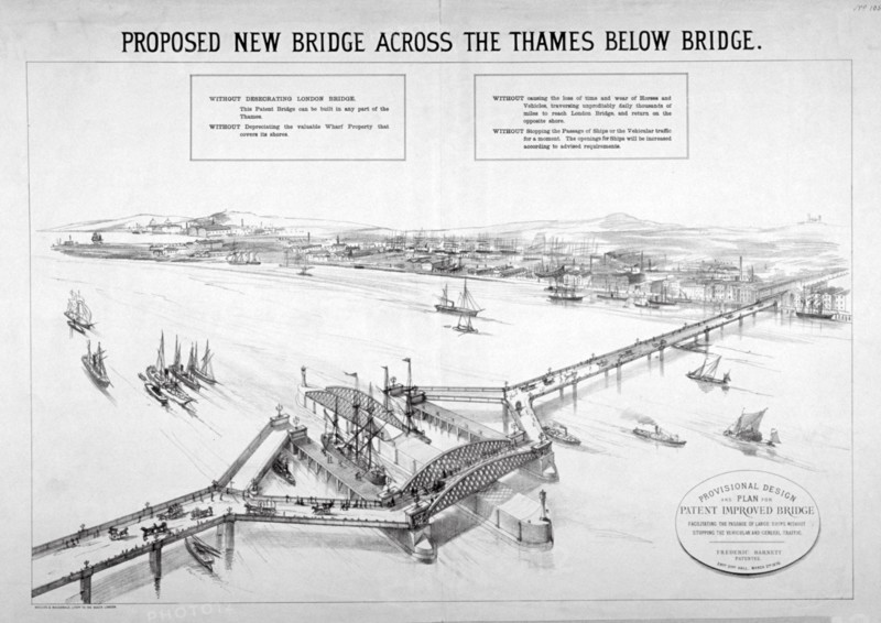 Design by Frederic Barnett for a 'duplex' low-level bridge, London, 1876. Artist: Maclure, Macdonald, Macgregor