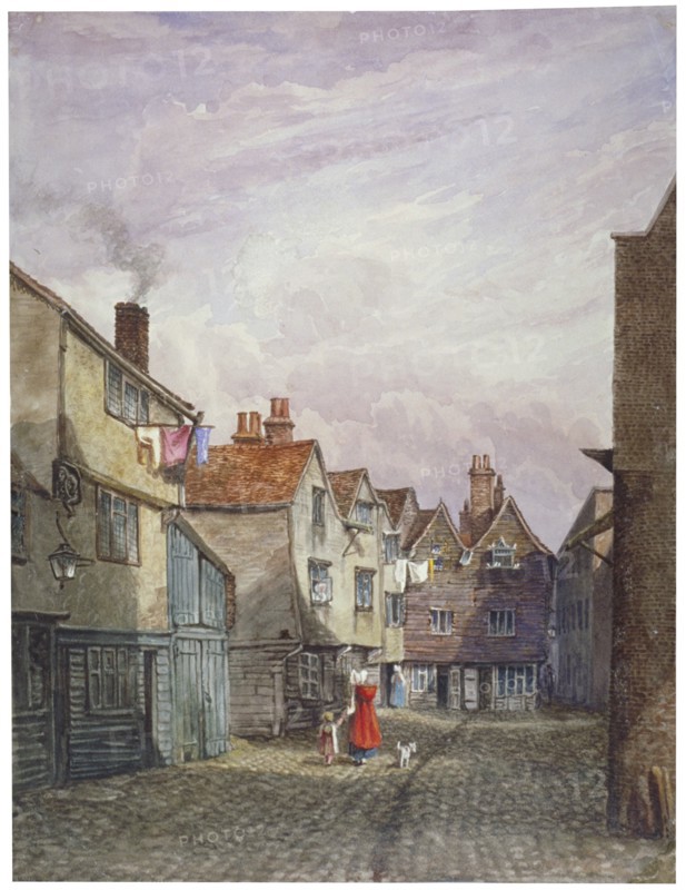 View of a woman and a child walking down Crown Court, Bermondsey, London, c1825. Artist: W Barker