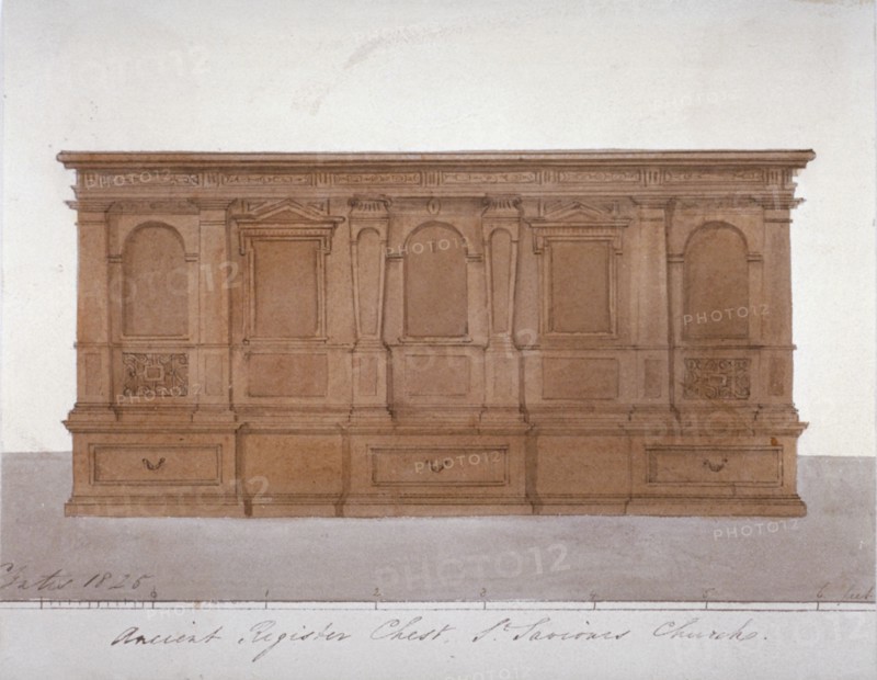 Ancient register chest from Southwark Cathedral, London, 1825. Artist: G Yates