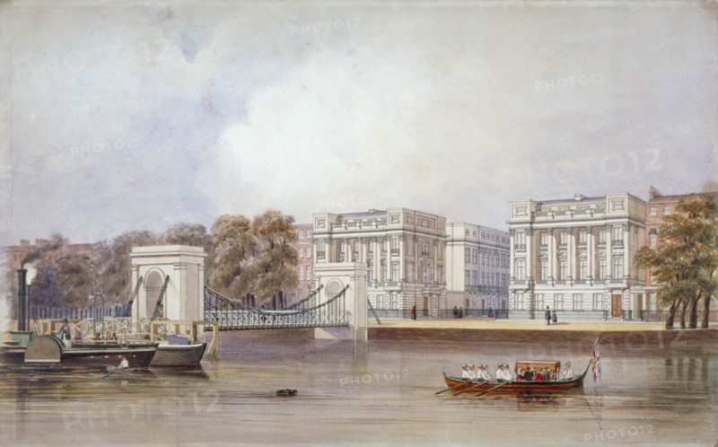 View of Cadogan Pier with boats on the River Thames, Chelsea, London, c1860. Artist: Anon