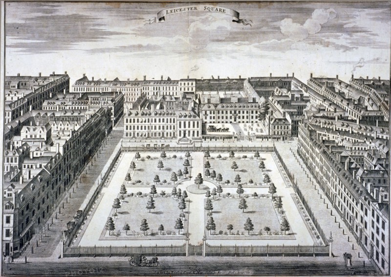 Bird's-eye view of Leicester Square, Westminster, London, c1750. Artist: Sutton Nicholls