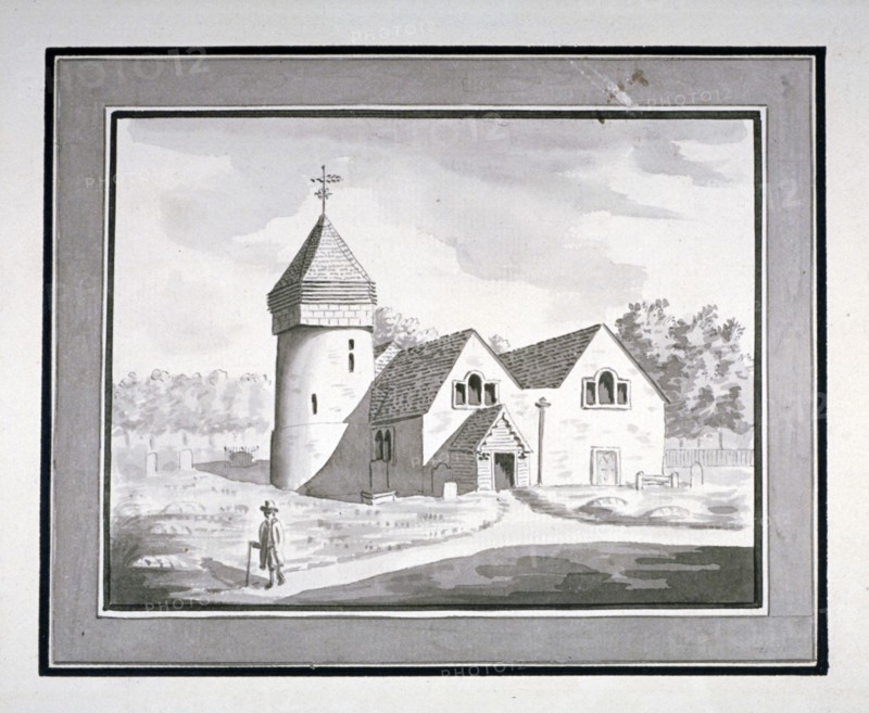 North-west view of the Church of St Nicholas, Tooting, Wandsworth, London, c1800. Artist: Anon
