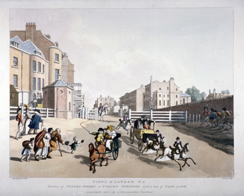 Entrance to Oxford Street at the Tyburn Turnpike, London, 1798. Artist: Heinrich Schutz