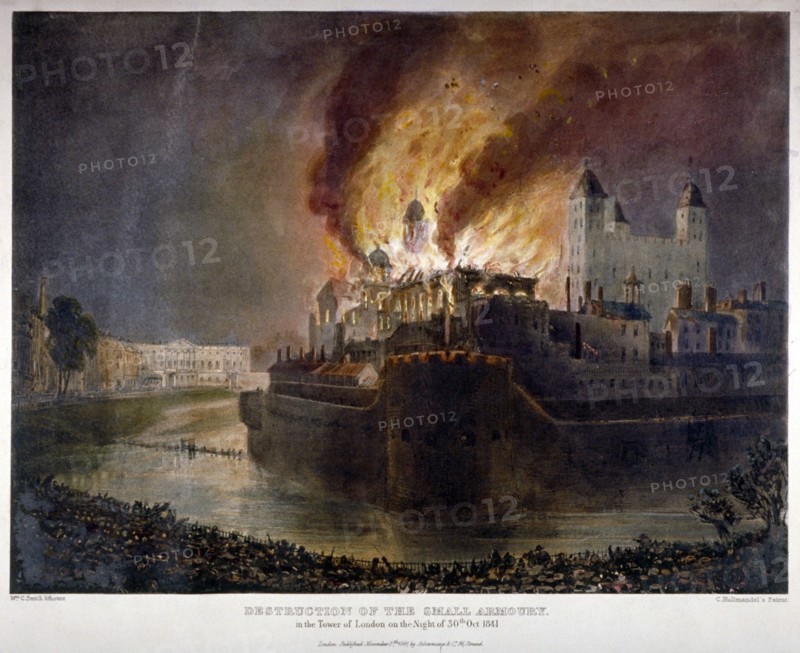Destruction of the Armoury in the Tower of London by fire, 30 October 1841. Artist: William C Smith