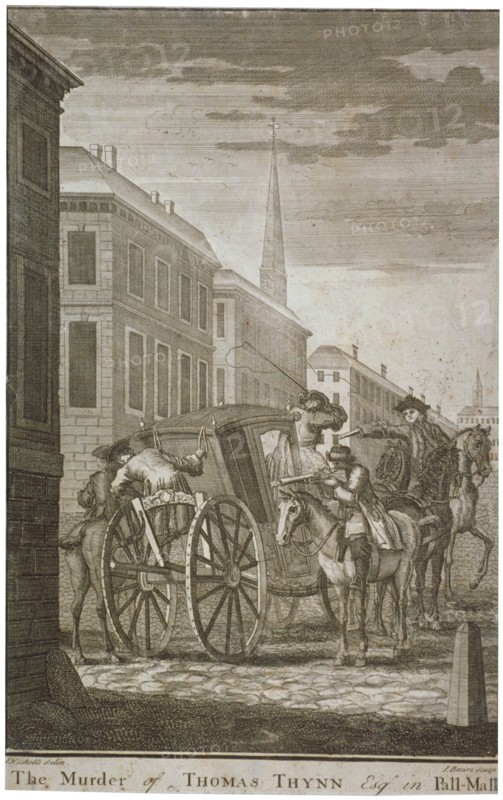 Scene of Thomas Thynne's murder in Pall Mall, Westminster, London, 1682 (c1775). Artist: James Basire I
