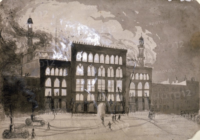 Fire at the Alhambra Theatre, Leicester Square, London, 1882 (1883). Artist: William Dickes