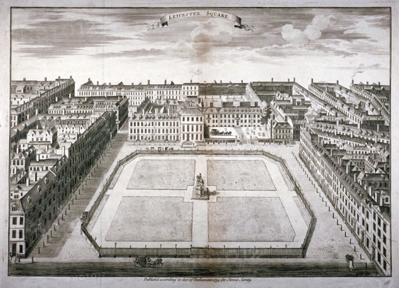 Aerial view of Leicester Square with carriages, Westminster, London, 1754. Artist: Sutton Nicholls
