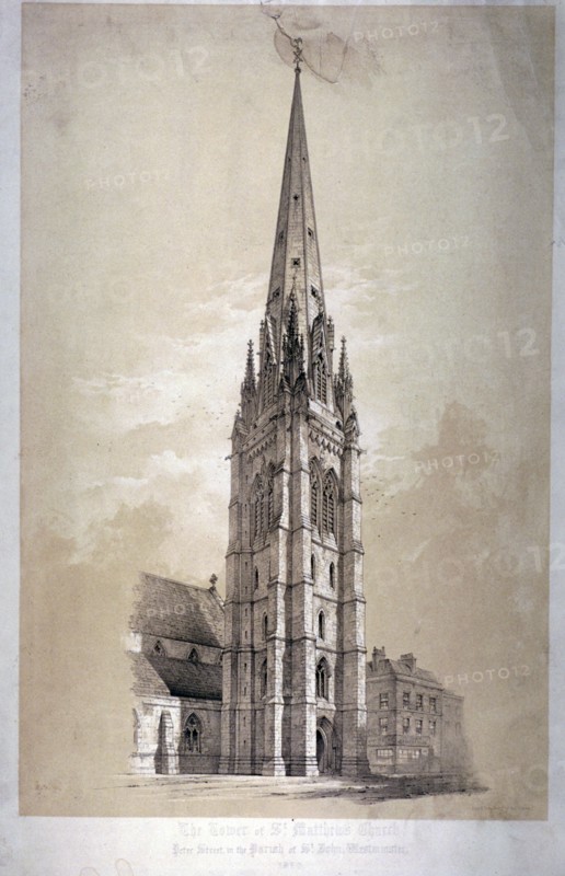 Tower of the Church of St Matthew, Great Peter Street, Westminster, London, 1850. Artist: Day & Son